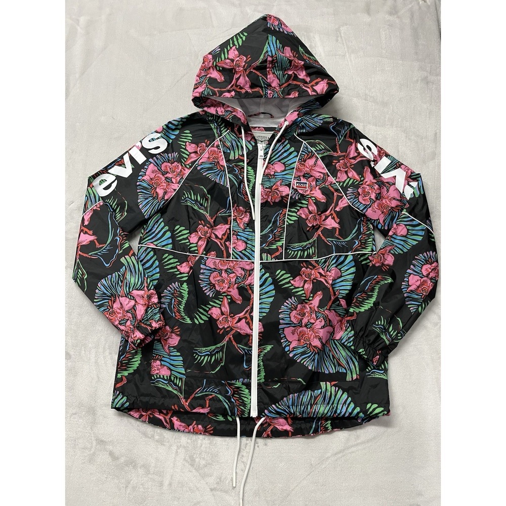 Levis Retro Rain Hooded Jacket Women Medium Pink Floral Full Zip Lined Nylon